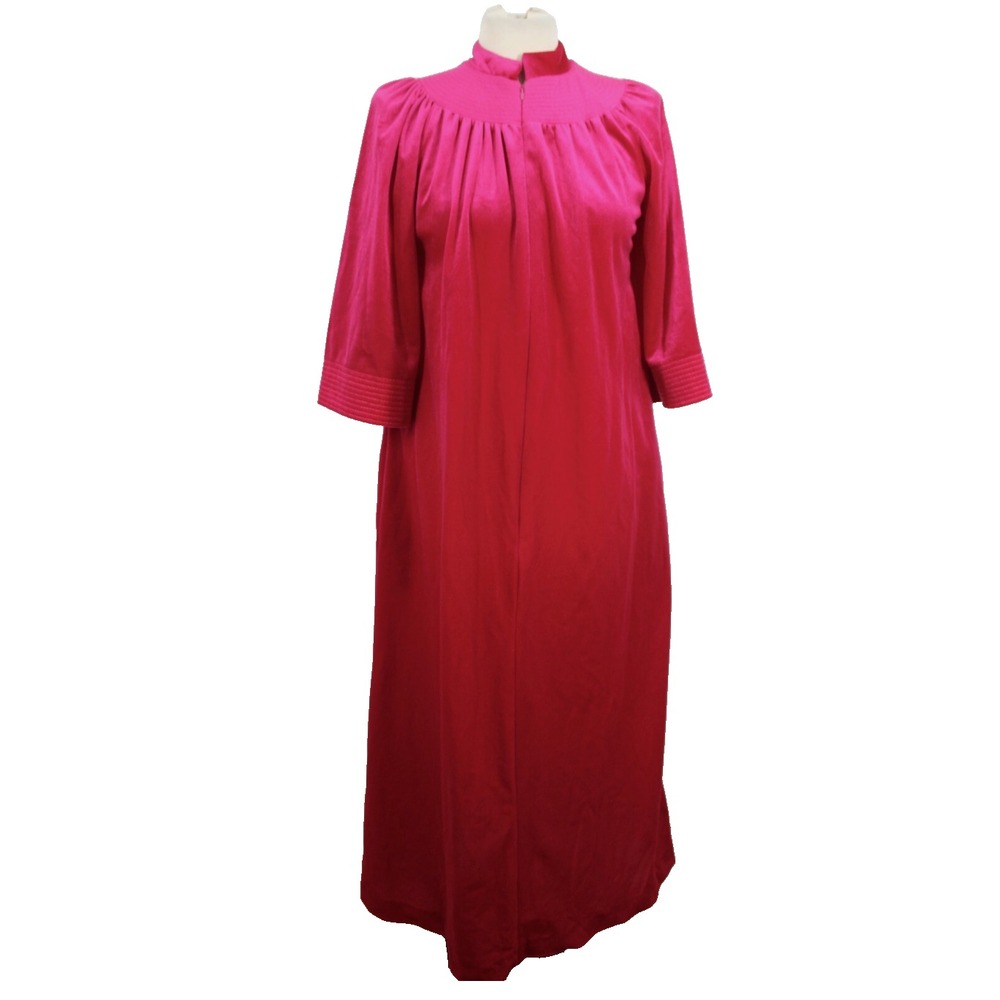 VTG Lisanne Velour/Velvet Robe FUCHSIA PINK Quilted Yoke HALF ZIP w/POCKETS sz S